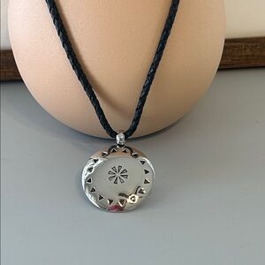 Ralph Lauren Silver medallion black rope necklace Southwestern BoHo silver disc